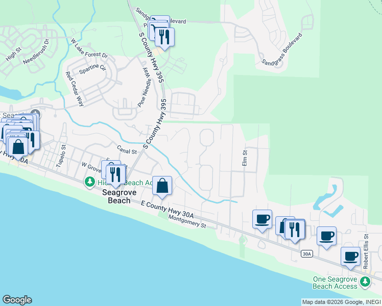 map of restaurants, bars, coffee shops, grocery stores, and more near 298 Wood Beach Drive in Santa Rosa Beach