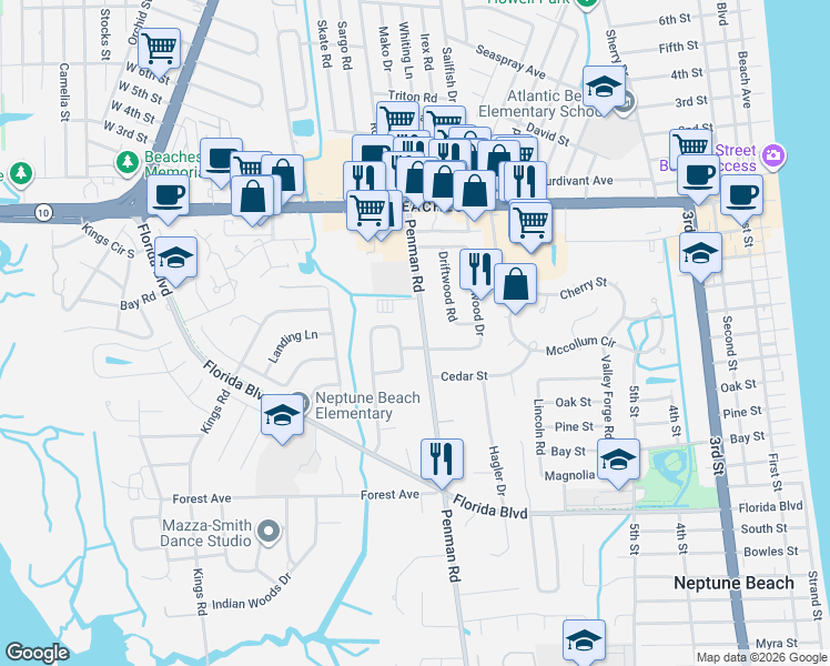 map of restaurants, bars, coffee shops, grocery stores, and more near 602 Rosebud Lane in Neptune Beach