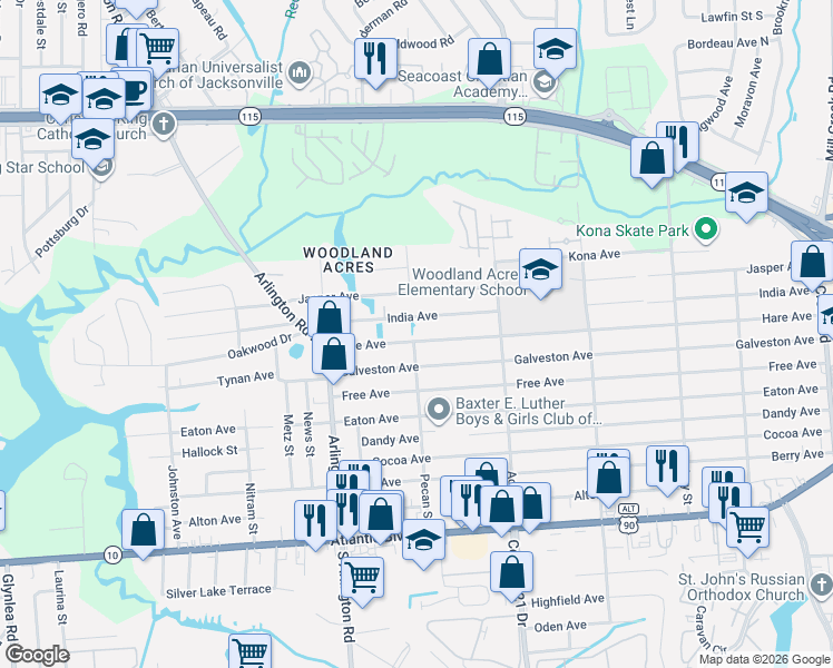 map of restaurants, bars, coffee shops, grocery stores, and more near 265 Pecan Street in Jacksonville
