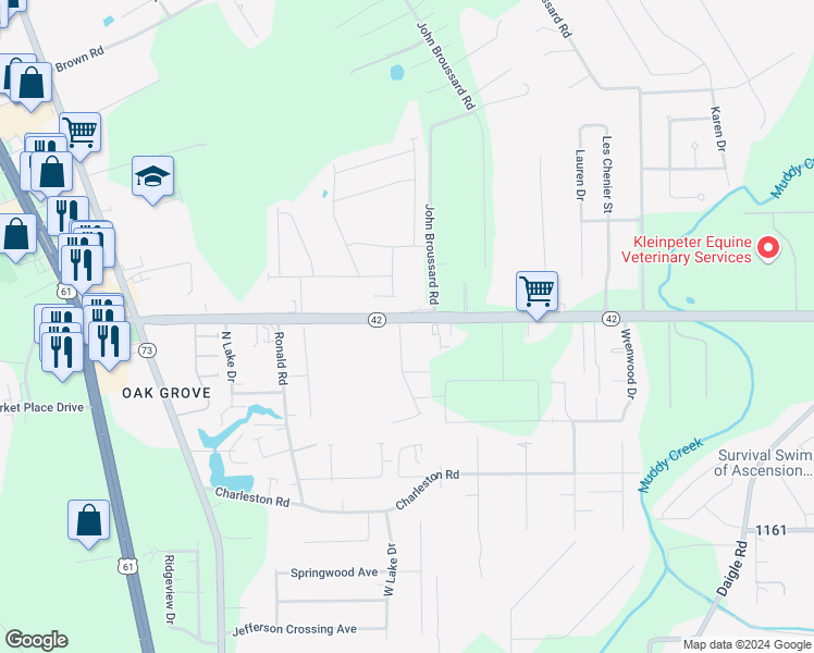 map of restaurants, bars, coffee shops, grocery stores, and more near 17310 De Gage Drive in Prairieville