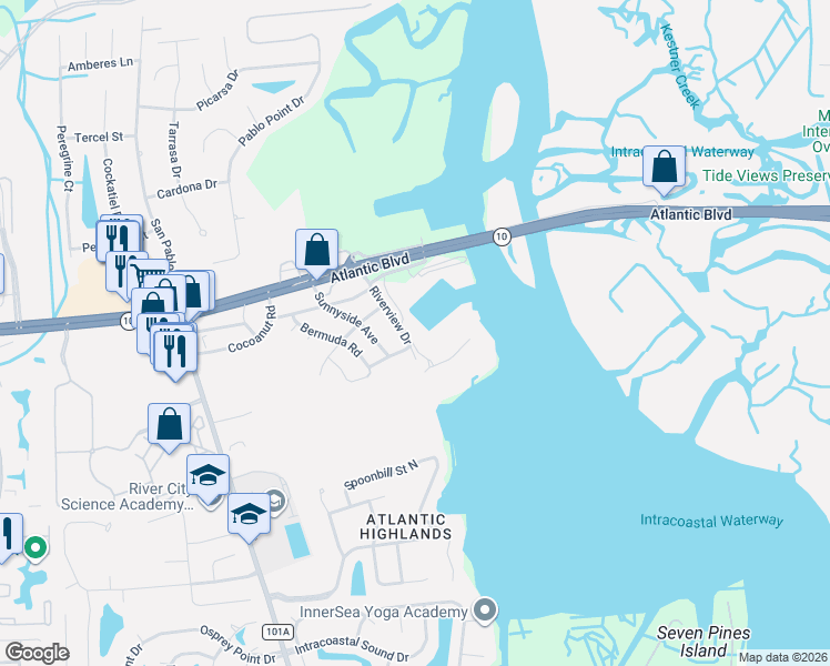 map of restaurants, bars, coffee shops, grocery stores, and more near 2C Atlantic Boulevard in Jacksonville