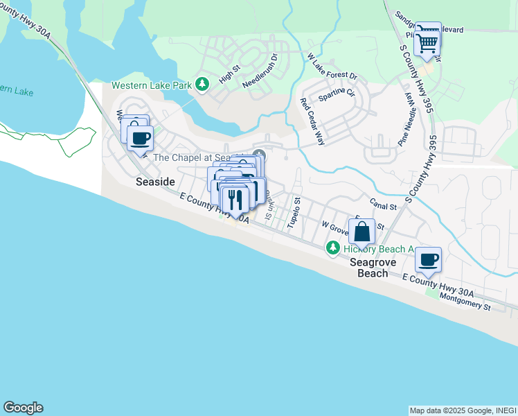 map of restaurants, bars, coffee shops, grocery stores, and more near 38 Seaside Avenue in Santa Rosa Beach