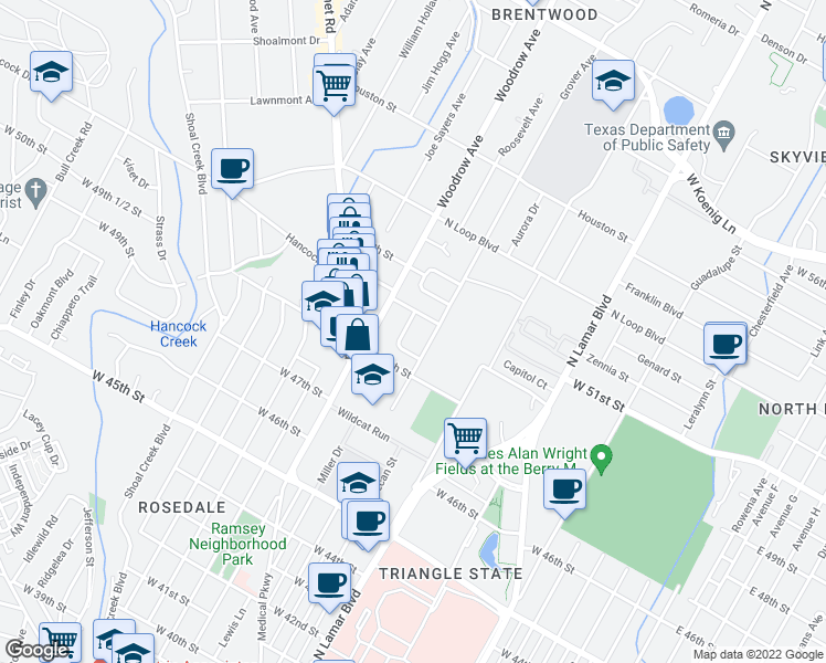 map of restaurants, bars, coffee shops, grocery stores, and more near 5001 Lynndale Drive in Austin