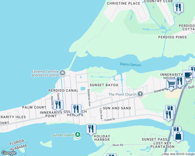 map of restaurants, bars, coffee shops, grocery stores, and more near 14150 Gant Avenue in Pensacola