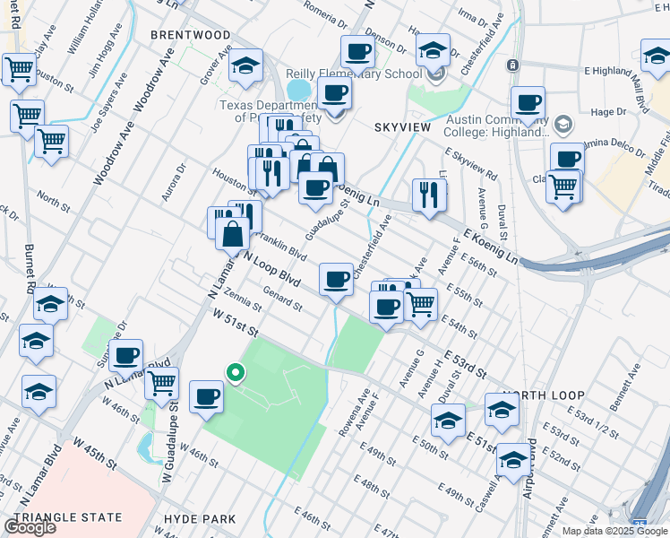 map of restaurants, bars, coffee shops, grocery stores, and more near 407 Nelray Boulevard in Austin