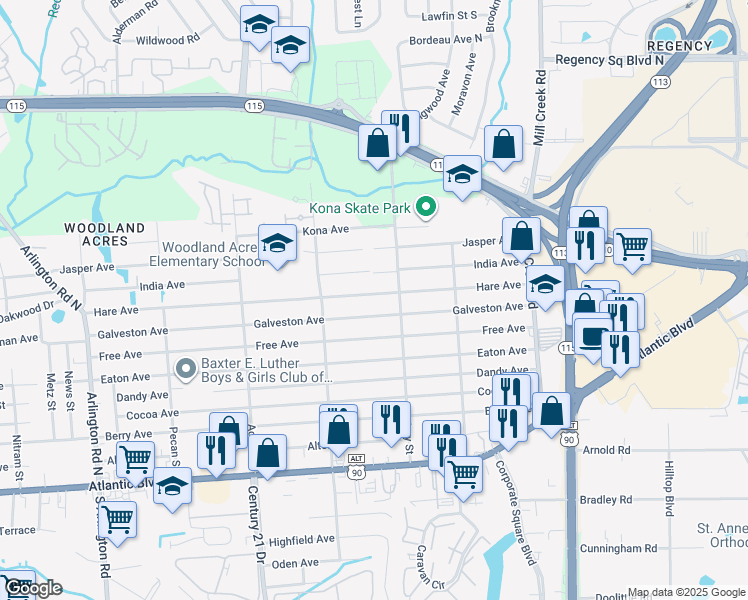 map of restaurants, bars, coffee shops, grocery stores, and more near 8530 India Avenue in Jacksonville