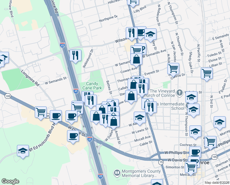 map of restaurants, bars, coffee shops, grocery stores, and more near 1006 Callahan Avenue in Conroe