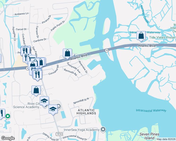map of restaurants, bars, coffee shops, grocery stores, and more near 2C Atlantic Boulevard in Jacksonville