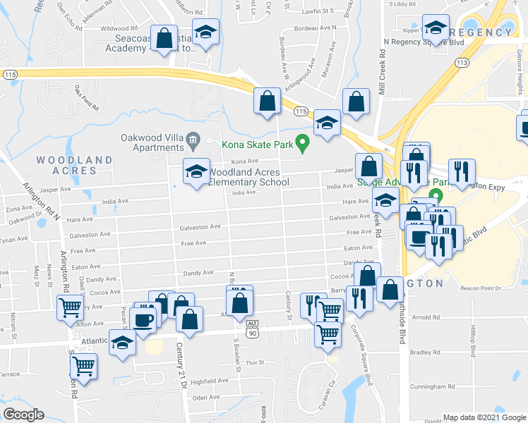 map of restaurants, bars, coffee shops, grocery stores, and more near 8620 India Avenue in Jacksonville