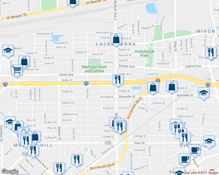 map of restaurants, bars, coffee shops, grocery stores, and more near 3043 Waller Street in Jacksonville