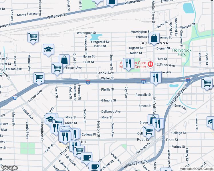 map of restaurants, bars, coffee shops, grocery stores, and more near 3319 Waller Street in Jacksonville
