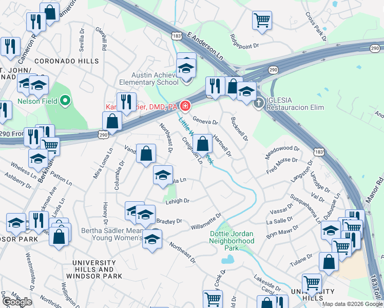map of restaurants, bars, coffee shops, grocery stores, and more near 7015 Creighton Lane in Austin