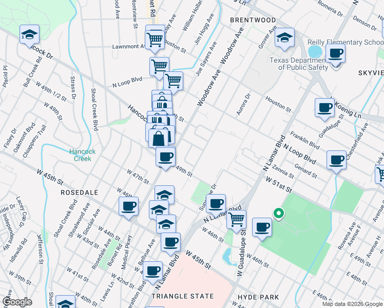 map of restaurants, bars, coffee shops, grocery stores, and more near 5006 Lynndale Drive in Austin