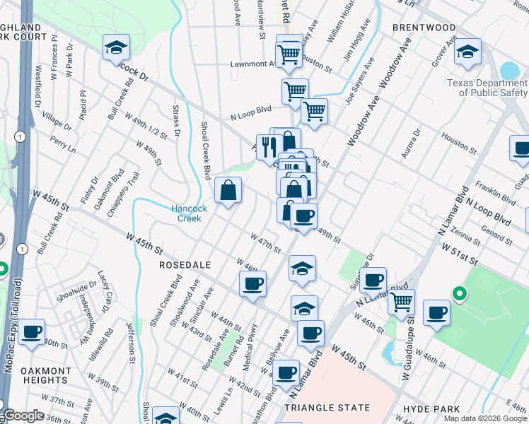 map of restaurants, bars, coffee shops, grocery stores, and more near 2205 West 49th Street in Austin