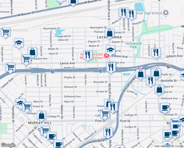 map of restaurants, bars, coffee shops, grocery stores, and more near 3108 Rayford Street in Jacksonville