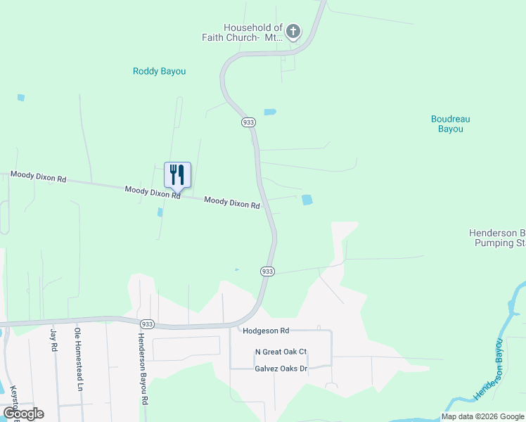 map of restaurants, bars, coffee shops, grocery stores, and more near 17285 Louisiana 933 in Prairieville