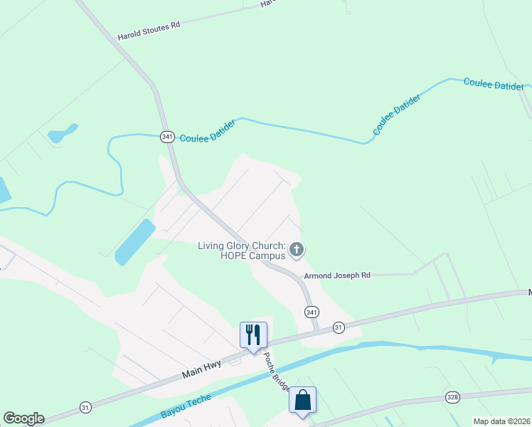 map of restaurants, bars, coffee shops, grocery stores, and more near 1057 Thibodeaux Road in Breaux Bridge