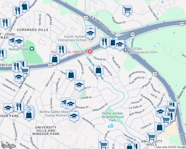 map of restaurants, bars, coffee shops, grocery stores, and more near 7015 Creighton Lane in Austin