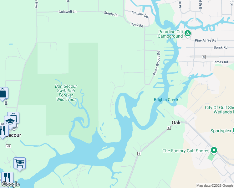 map of restaurants, bars, coffee shops, grocery stores, and more near 6588 Cook Road in Foley