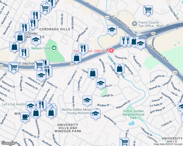 map of restaurants, bars, coffee shops, grocery stores, and more near 2118 Vanderbilt Lane in Austin