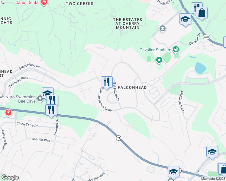 map of restaurants, bars, coffee shops, grocery stores, and more near 15413 Bat Hawk Circle in Austin
