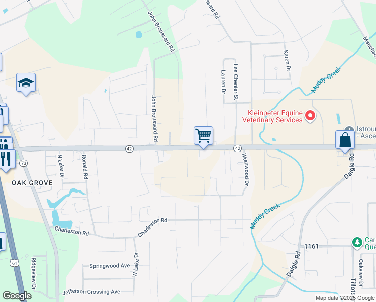 map of restaurants, bars, coffee shops, grocery stores, and more near 38466 Louisiana 42 in Prairieville