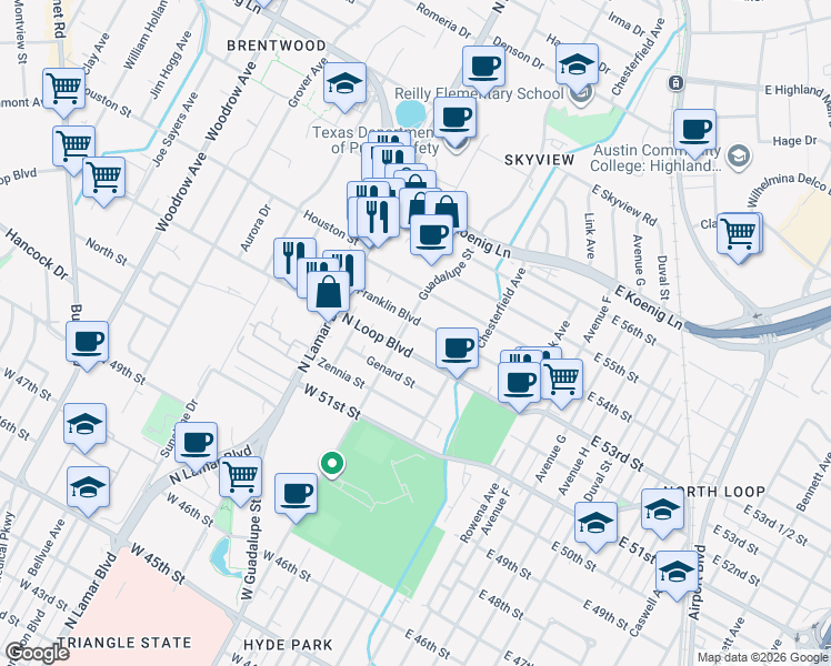 map of restaurants, bars, coffee shops, grocery stores, and more near 602 Franklin Boulevard in Austin