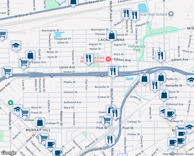 map of restaurants, bars, coffee shops, grocery stores, and more near 3108 Rayford Street in Jacksonville