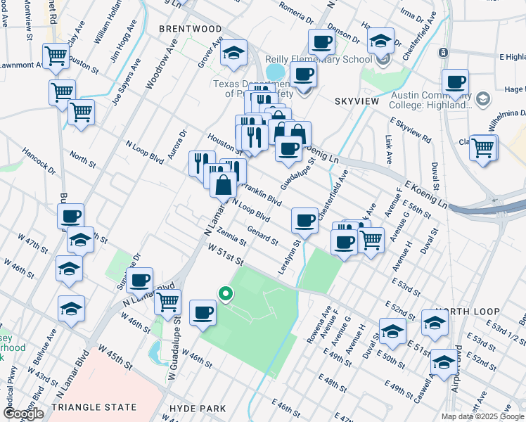 map of restaurants, bars, coffee shops, grocery stores, and more near 602 West North Loop Boulevard in Austin