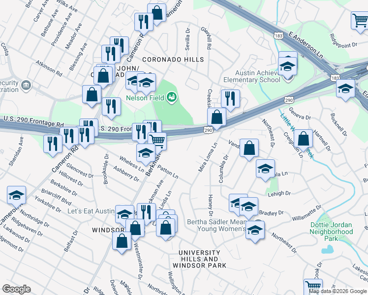 map of restaurants, bars, coffee shops, grocery stores, and more near 6855 U.S. 290 Frontage Road in Austin