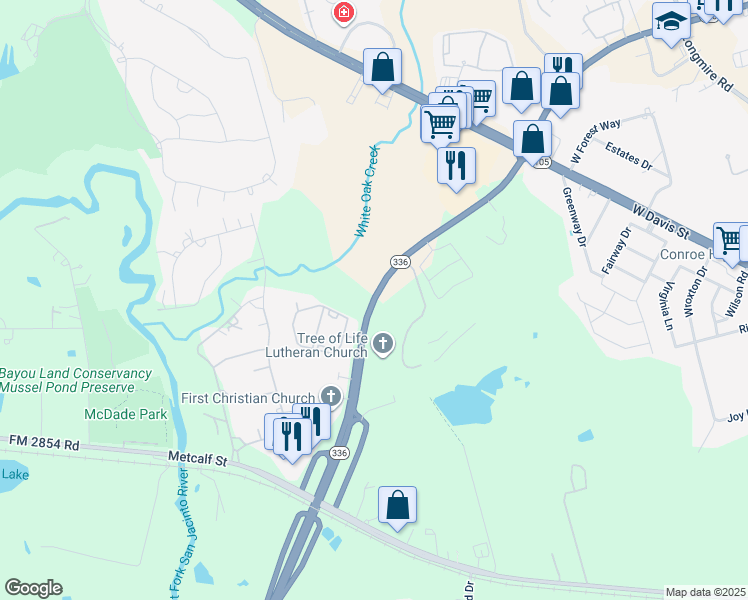 map of restaurants, bars, coffee shops, grocery stores, and more near 2961 North Loop 336 West in Conroe