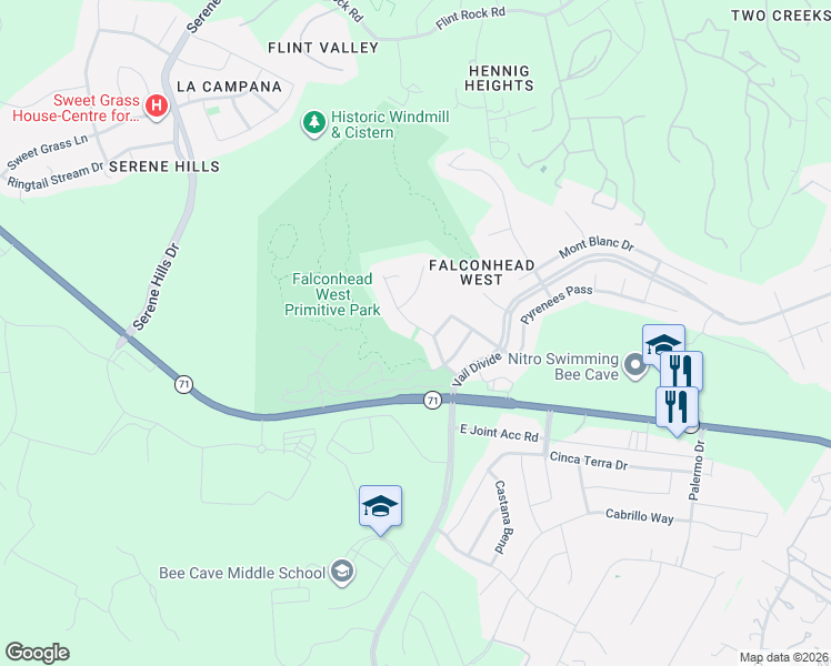 map of restaurants, bars, coffee shops, grocery stores, and more near 16209 Rockies Run Summit in Austin