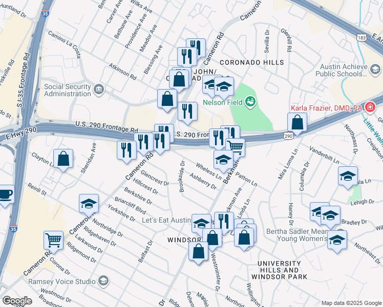 map of restaurants, bars, coffee shops, grocery stores, and more near 6633 U.S. 290 in Austin