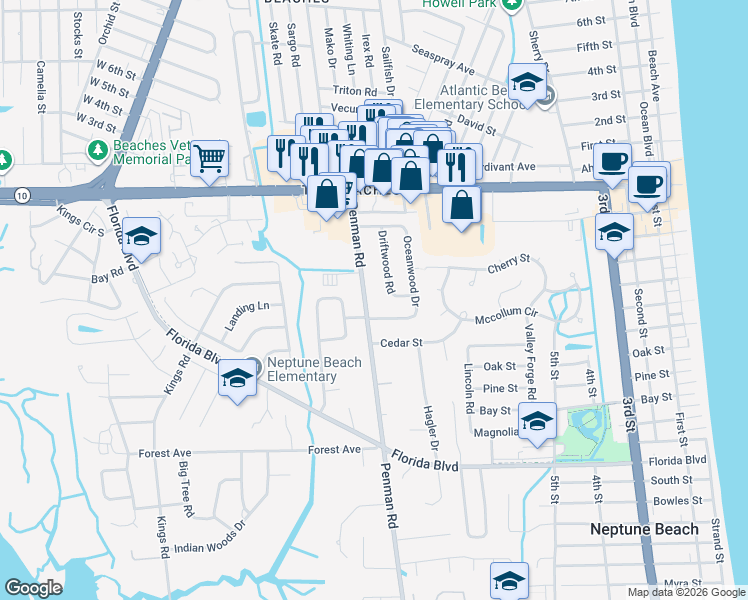 map of restaurants, bars, coffee shops, grocery stores, and more near 417 Penman Road in Neptune Beach