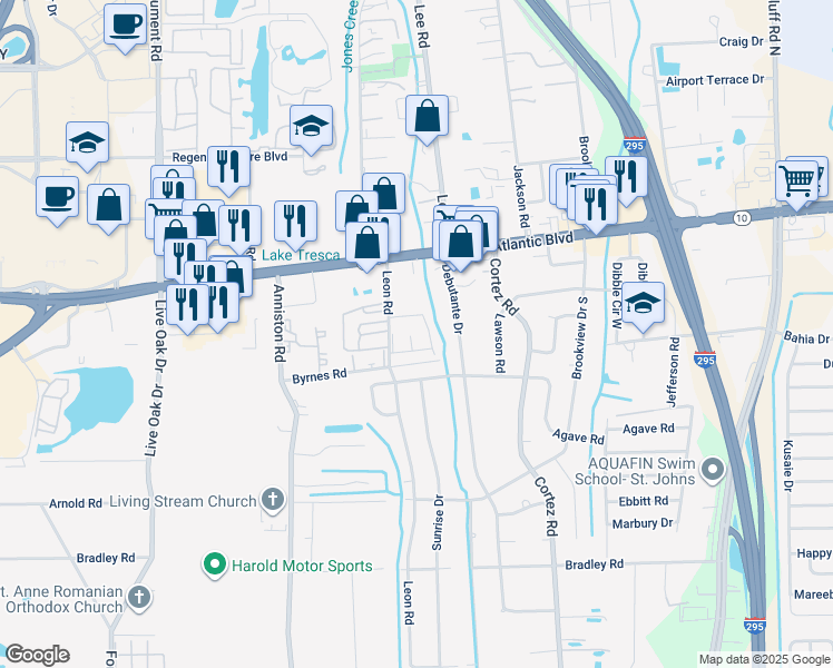 map of restaurants, bars, coffee shops, grocery stores, and more near 1780 Leon Road in Jacksonville