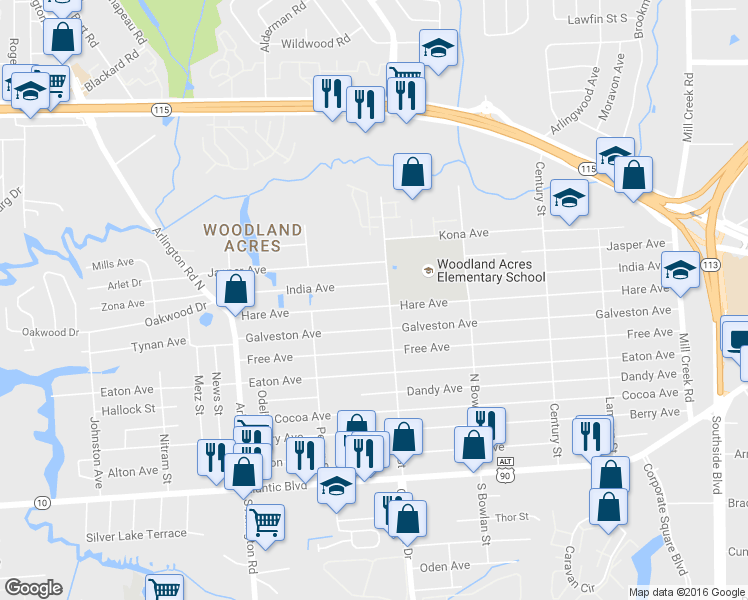 map of restaurants, bars, coffee shops, grocery stores, and more near in Jacksonville