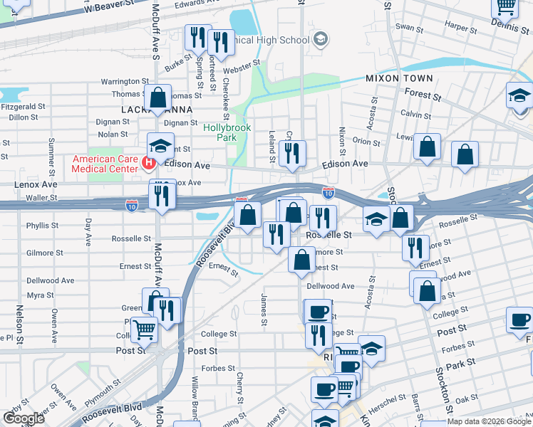 map of restaurants, bars, coffee shops, grocery stores, and more near 565 James Street in Jacksonville