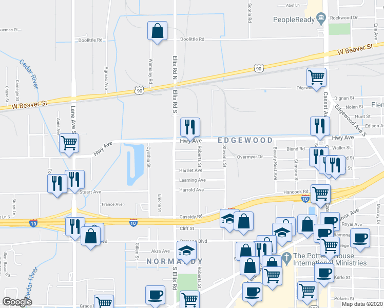 map of restaurants, bars, coffee shops, grocery stores, and more near 5540 Highway Avenue in Jacksonville