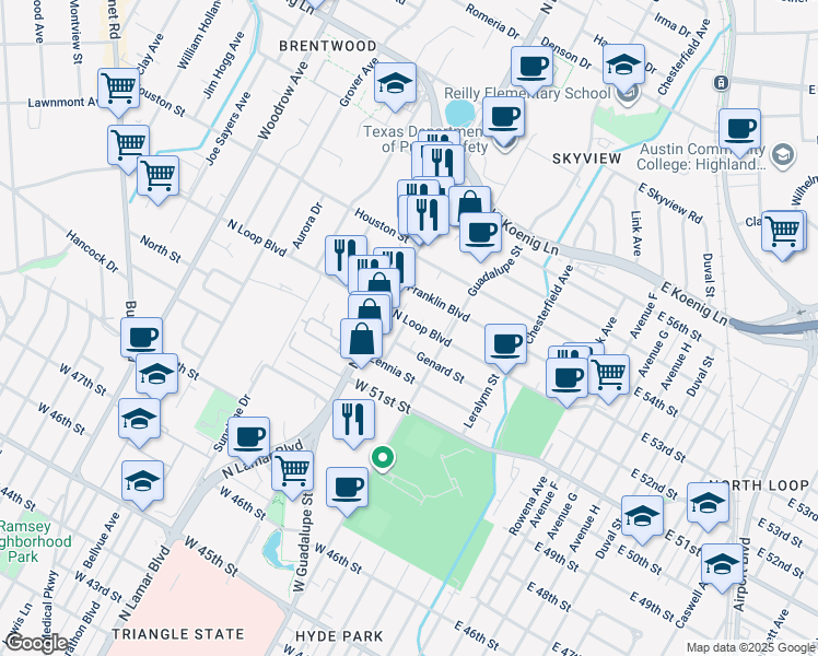 map of restaurants, bars, coffee shops, grocery stores, and more near 616 West North Loop Boulevard in Austin