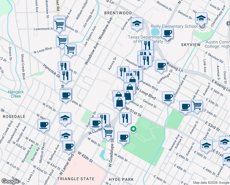 map of restaurants, bars, coffee shops, grocery stores, and more near 5200 North Lamar Boulevard in Austin