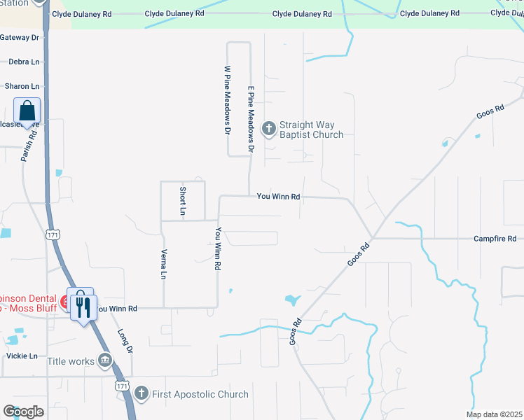 map of restaurants, bars, coffee shops, grocery stores, and more near 988-1050 You Winn Road in Moss Bluff