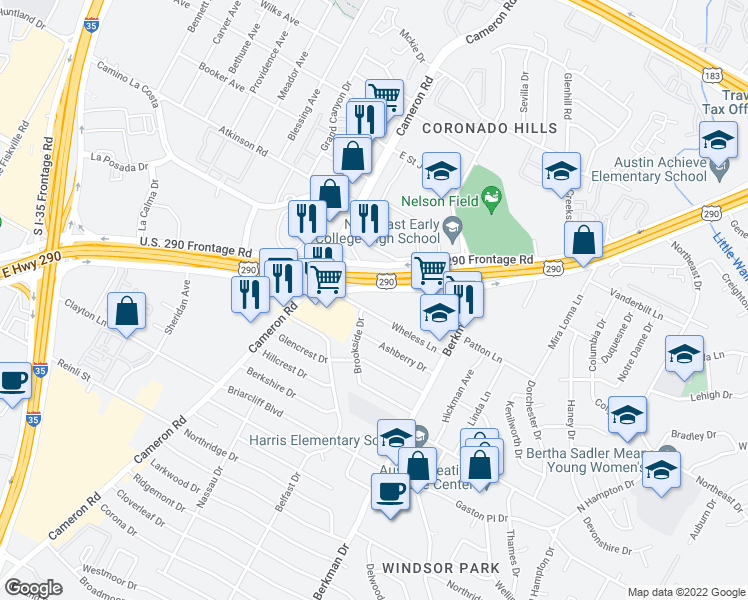 map of restaurants, bars, coffee shops, grocery stores, and more near 6633 U.S. 290 in Austin