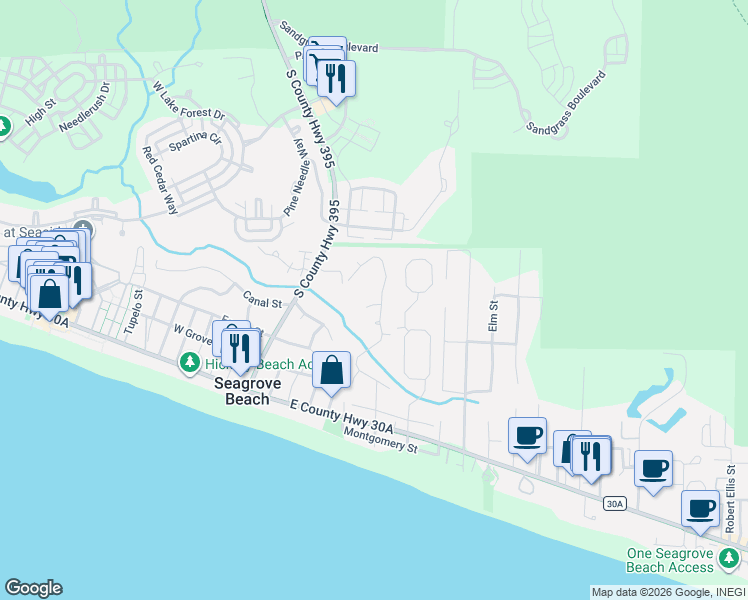 map of restaurants, bars, coffee shops, grocery stores, and more near 341 Wood Beach Drive in Santa Rosa Beach