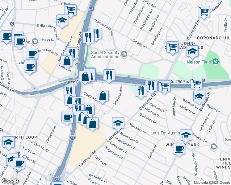 map of restaurants, bars, coffee shops, grocery stores, and more near 6201 East Highway 290 in Austin