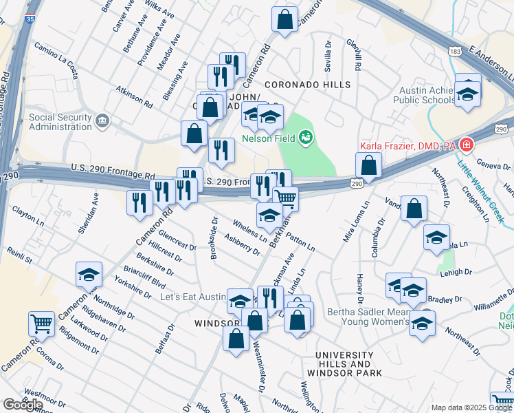 map of restaurants, bars, coffee shops, grocery stores, and more near 6631 U.S. 290 in Austin
