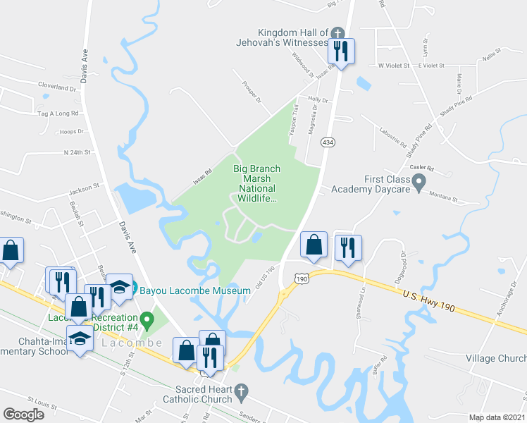 map of restaurants, bars, coffee shops, grocery stores, and more near 61389 Louisiana 434 in Lacombe