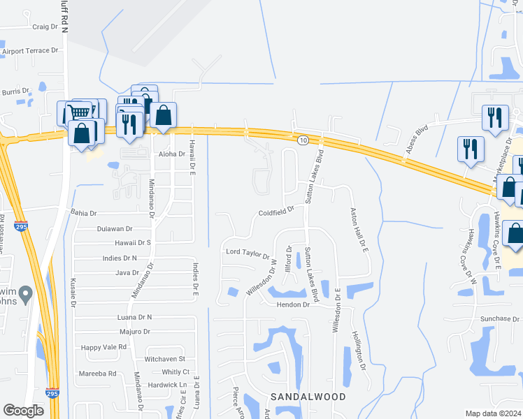 map of restaurants, bars, coffee shops, grocery stores, and more near 11153 Coldfield Drive in Jacksonville