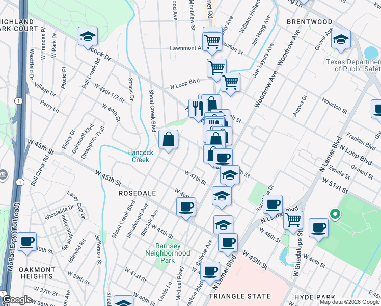 map of restaurants, bars, coffee shops, grocery stores, and more near 4805 Sinclair Avenue in Austin