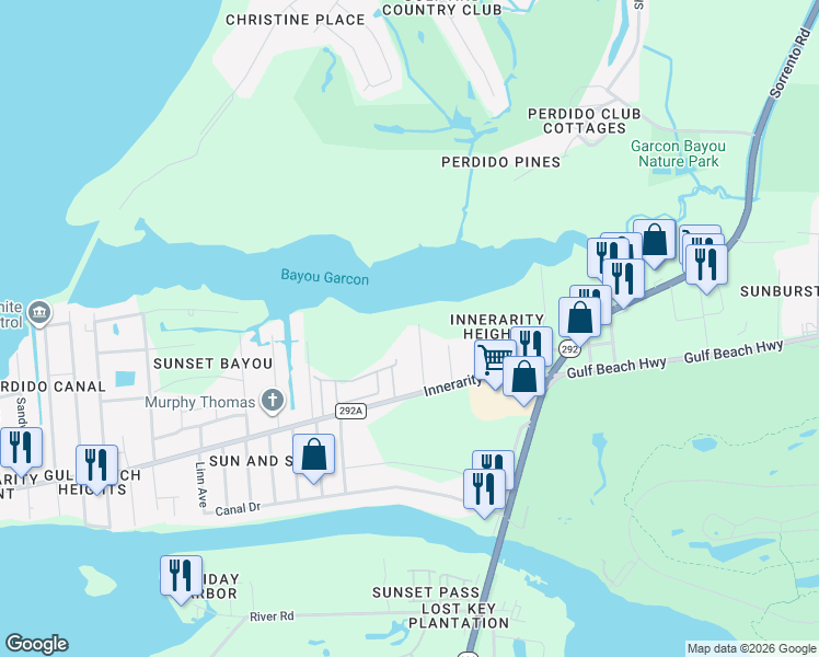 map of restaurants, bars, coffee shops, grocery stores, and more near 5525 Custer Drive in Pensacola