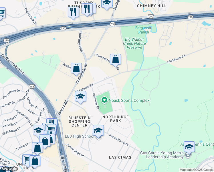 map of restaurants, bars, coffee shops, grocery stores, and more near 7607-7991 Old Manor Road in Austin